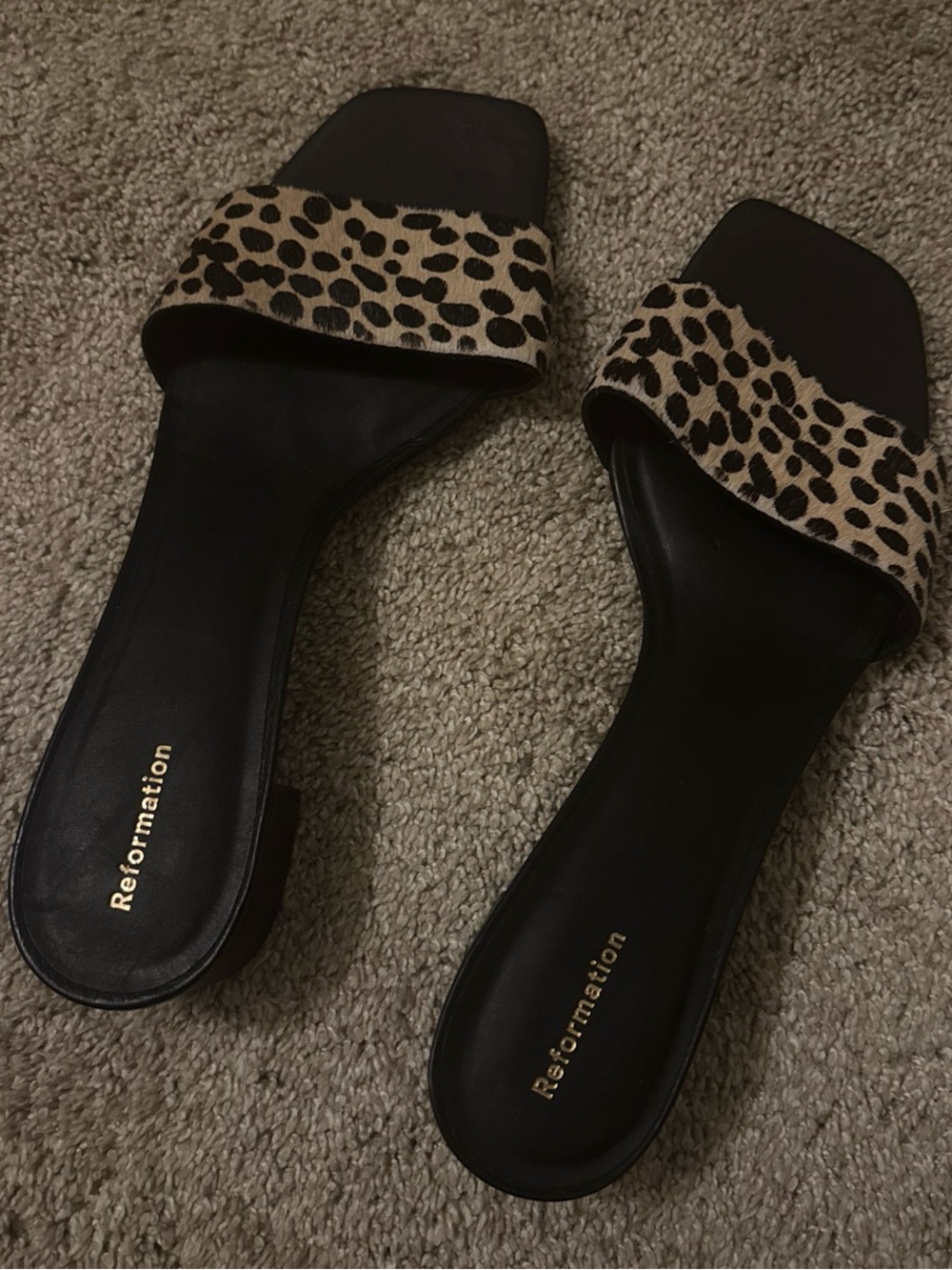 Brand New - Unused Reformation Ponyhair Animal Print Slides size 10